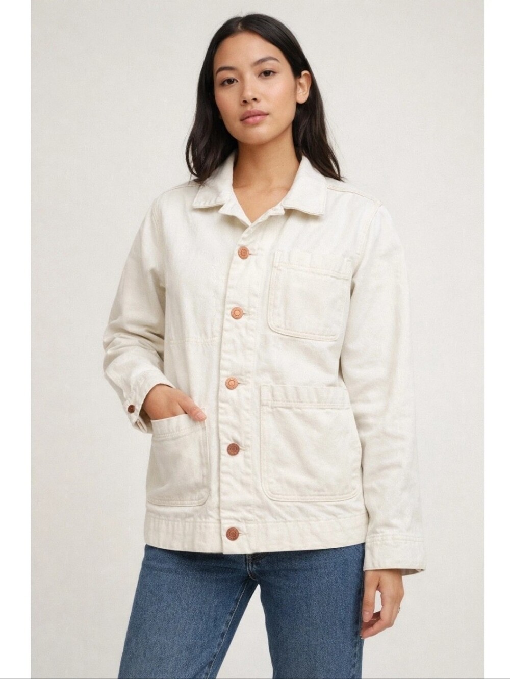 Everlane The Denim Chore Jacket Copper Buttons Bone Washed Ecru Medium